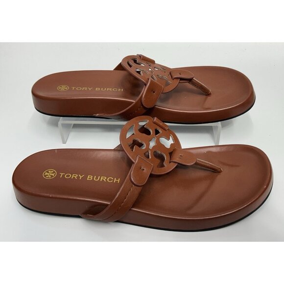 Tory Burch Miller Cloud Sandals Womens Size 12.5 Brown Logo Thong Slip On Shoes - Picture 2 of 6